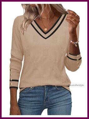 Women's V Neck Ribbed Knit Pullover Sweater Long Sleeve Button Cuff